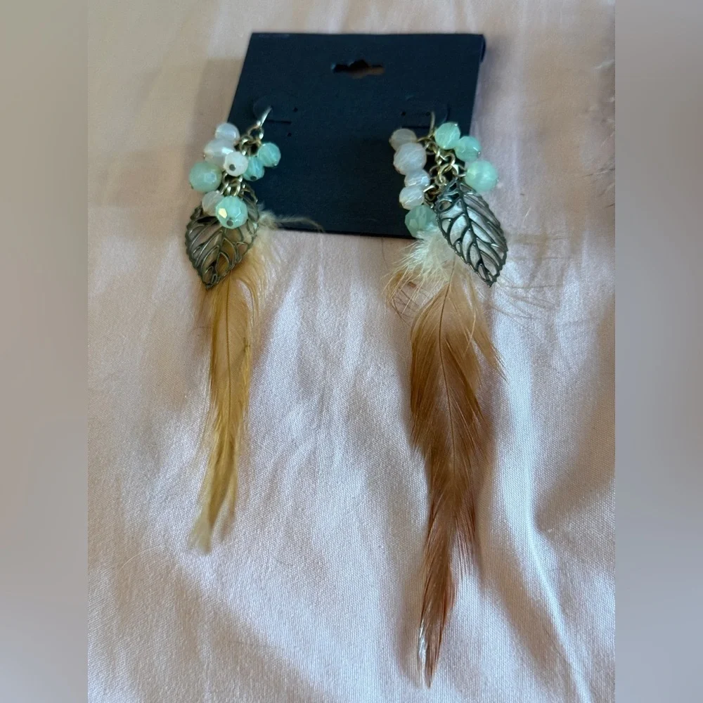 Bohemian Feather and Bead Earrings NWT